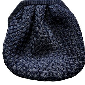Vintage Vanessa Navy Woven Satin Evening Bag with Gold Clasp